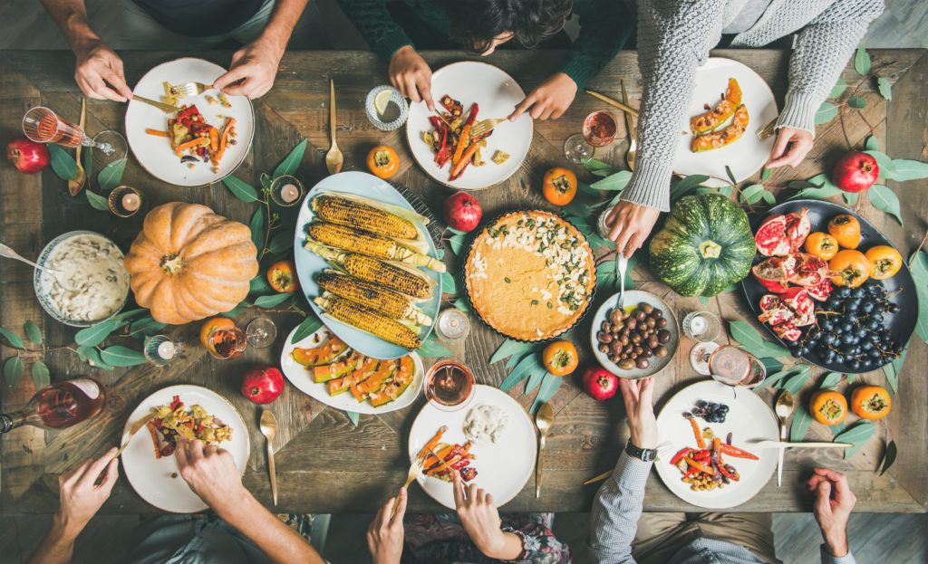 overhead shot of thanksgiving table