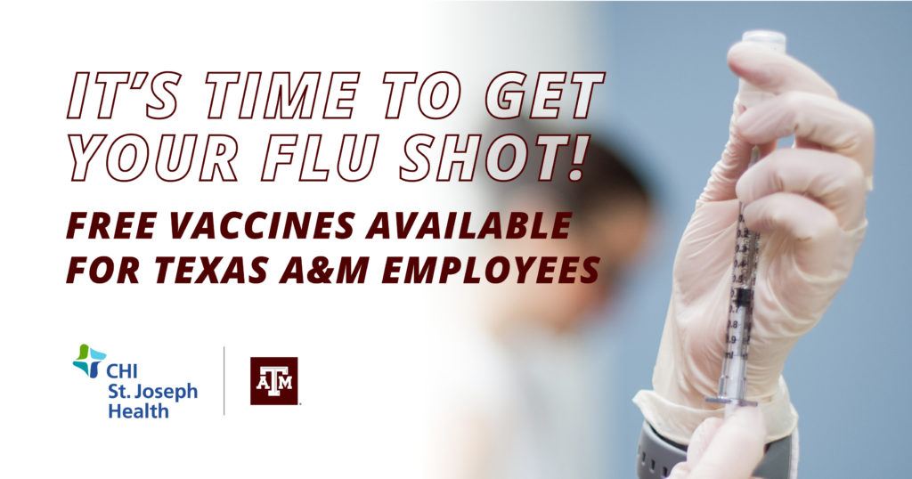 image of hand holding vaccine with text that says "it's time to get your flu shot"