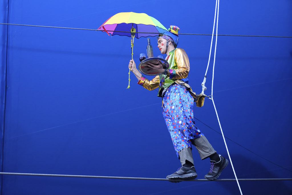 Will Jardell walks a circus tightrope during an Amazing Race challenge in Bogotá, Colombia