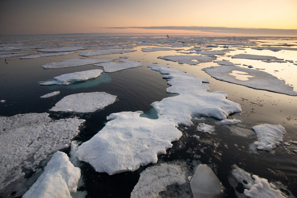 ice floating in water against sunset