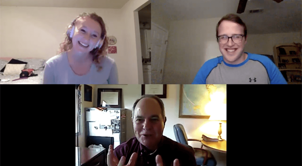 A photo of a zoom interview with show hosts Abbey Penton and Seth Jordan interviewing Texas A&M Professor Gary Wingenbach