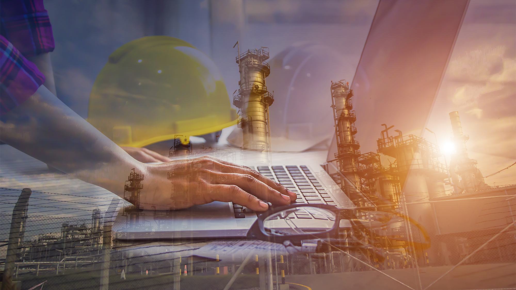 Double exposure of engineer meeting for architectural project and working with partner engineering on workplace of oil and gas refinery