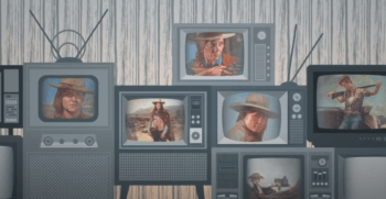 video still of animated female western heroes on tv screens