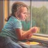 a painting of a little girl looking out a window while coloring with crayons