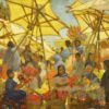 a painting of women selling flowers at an outdoor market