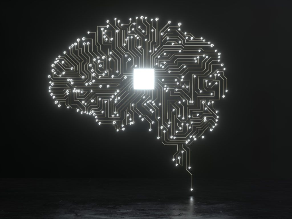 artist's rendering representing artificial intelligence of a human brain on black background