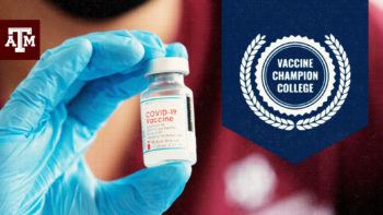 graphic that says vaccine champion college next to a photo of a hand holding a covid-19 vaccine vial