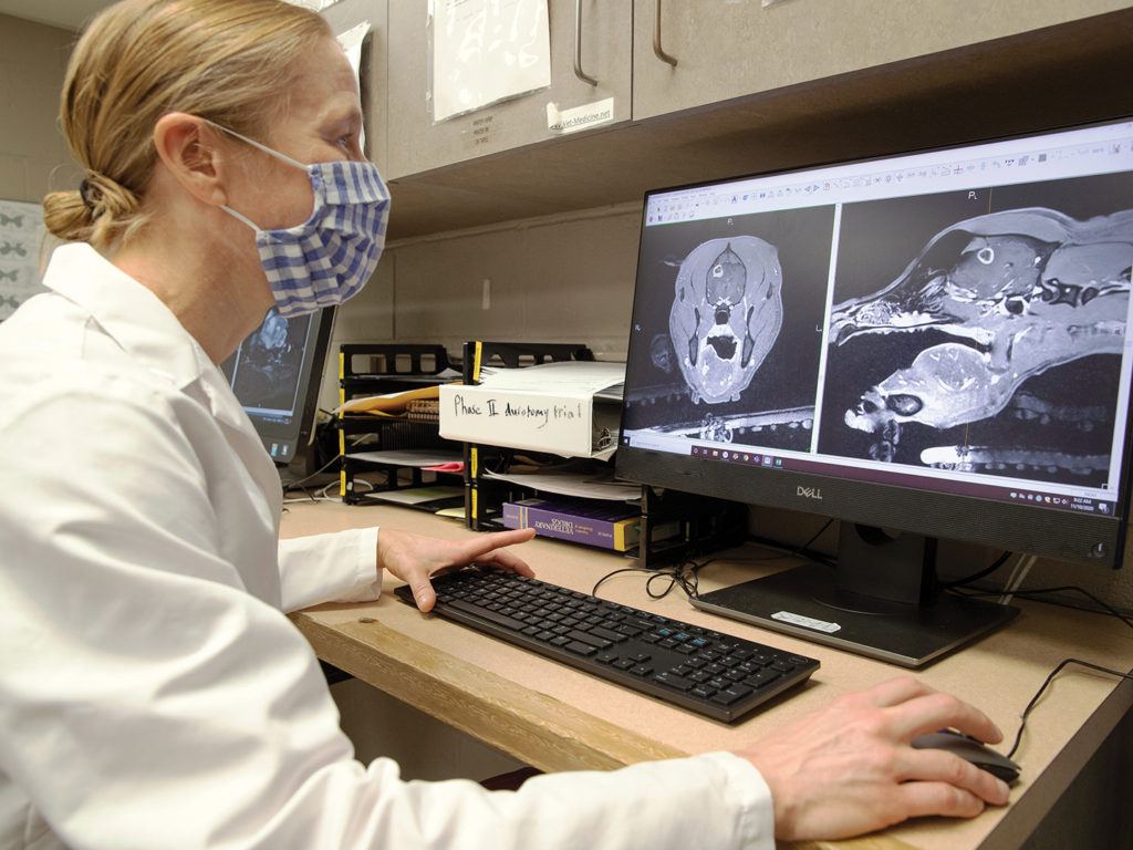 beth boudreau sitting at computer looking at scans