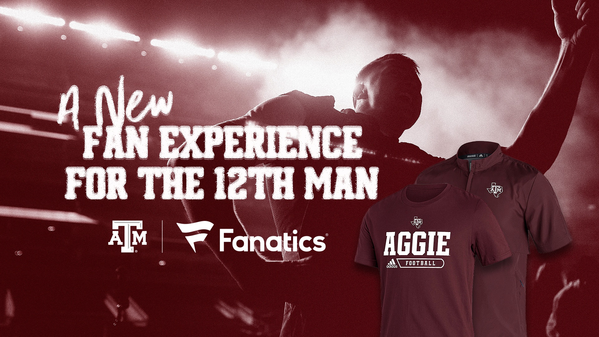 a graphic of a yell leader, two A&M shirts, and the words "A new fan experience for the 12th man"