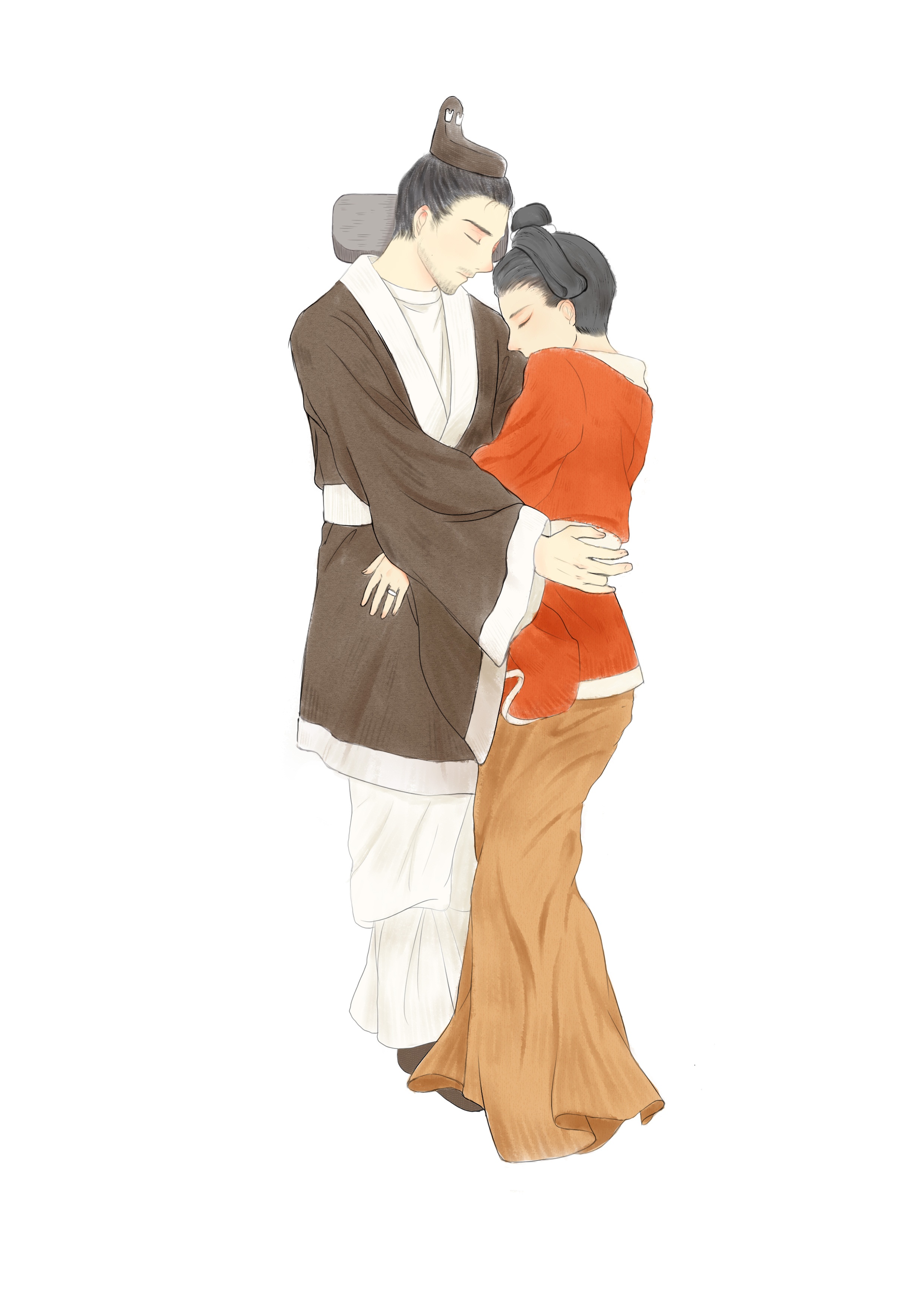colored illustration of a man and woman embracing in same posture as skeletons