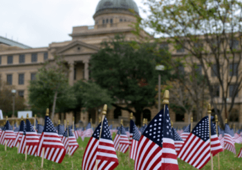 a photo of the Academic building with hundreds of American flags in the lawn