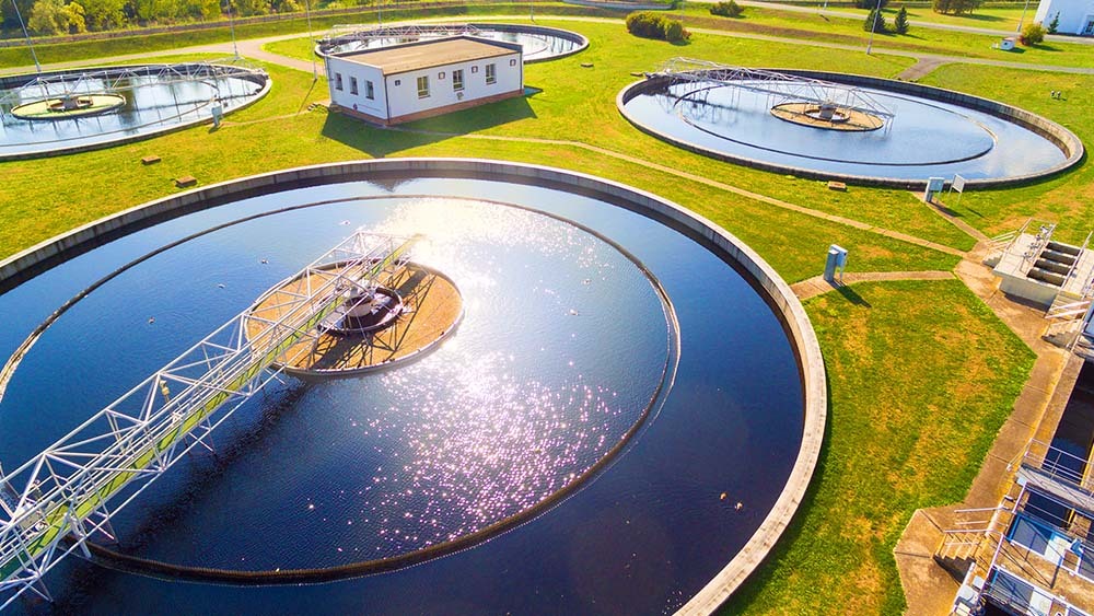 overhead view of water purification at water treatment plant