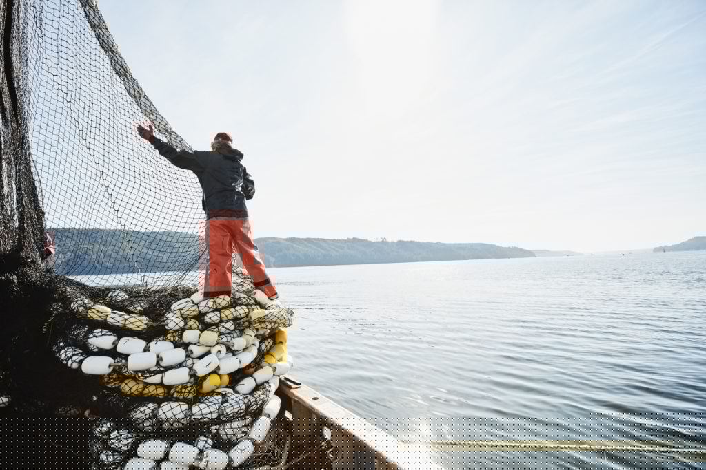 Female crew member of fishing boat stacking net on deck while fishing for salmon