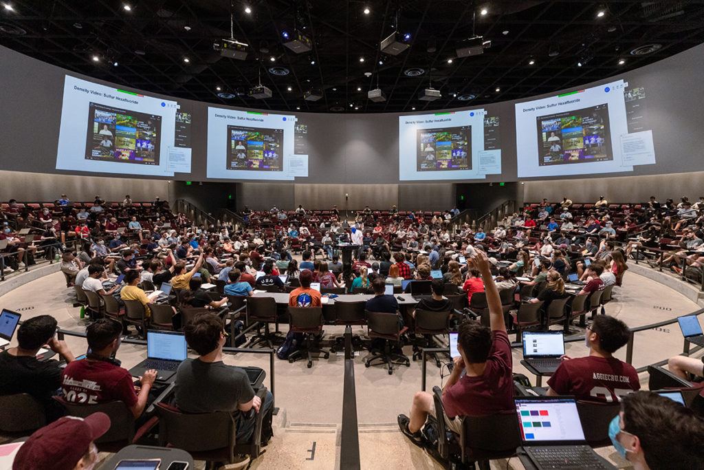 a classroom at Texas A&M full of students