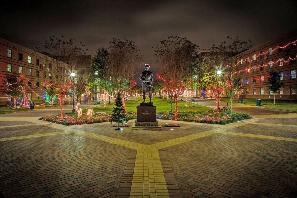 the Corps quad lit up for the holidays