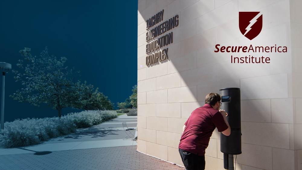a man standing outside a building breathes into a kiosk