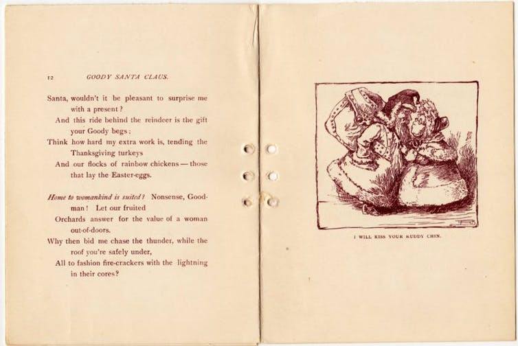 two pages of a poem. one one side is the poem about mrs. claus, and on the other is an illustration.