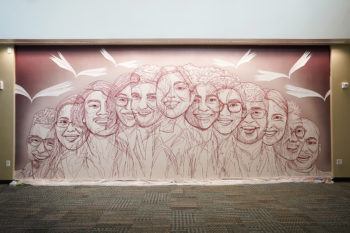 Mural by Atlanta based artist Yehimi Cambrón inside the Memorial Student Center at Texas A&M University on March 30, 2022.