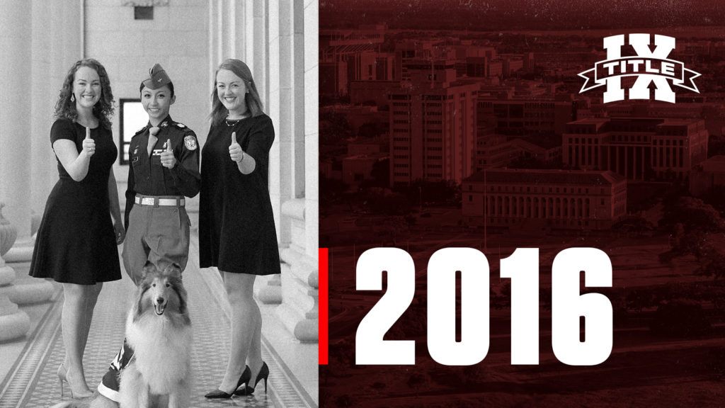 Title IX, 2016, Student Body President Hannah Wimberly '17, Corps of Cadets Commander Cecille Sorio '17 and Class of 2017 President Claire Wimberly, and Reveille