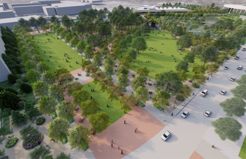 artist's rendering of an aerial view of aggie park