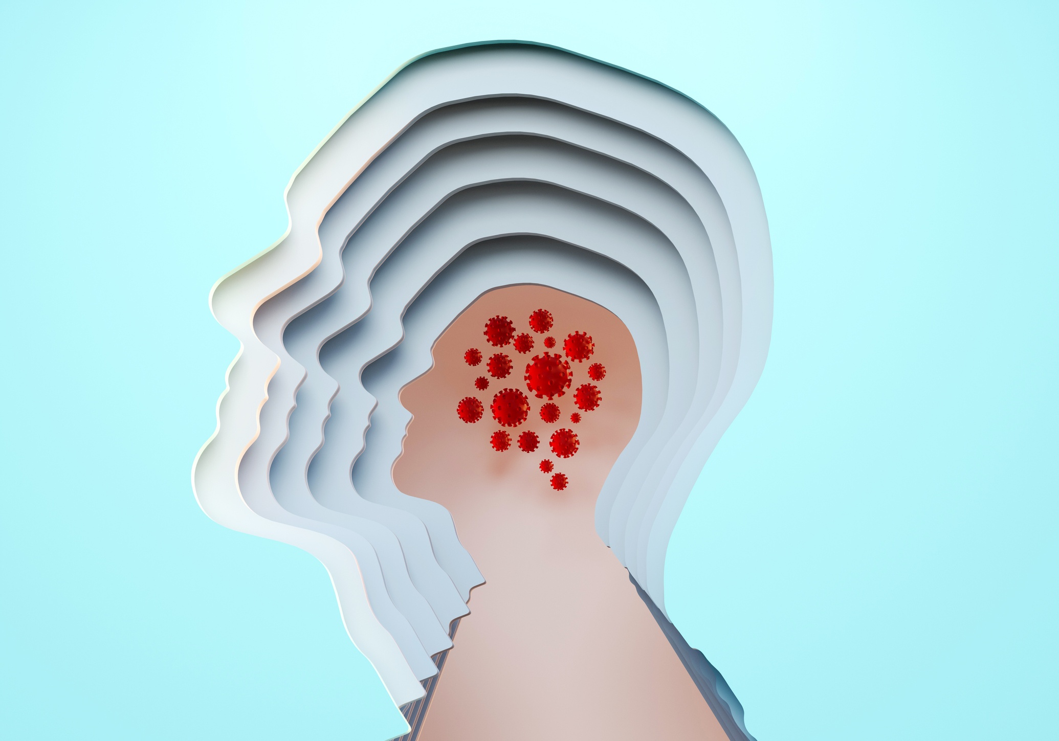 Digital generated image of cut out male head multi layered with covid-19 cells inside on blue background.