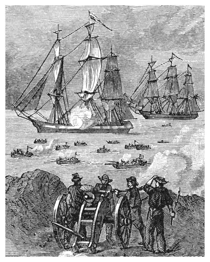an old etching showing men with a cannon in the foreground and water full of boats and ships in the background