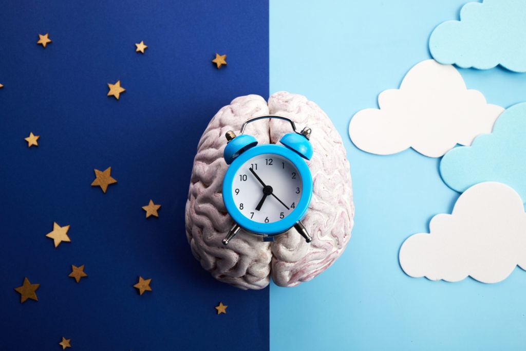 an artist's illustration of an alarm clock on top of a human brain. one half of the background shows a starry night sky, and the other half shows a bright cloudy sky.