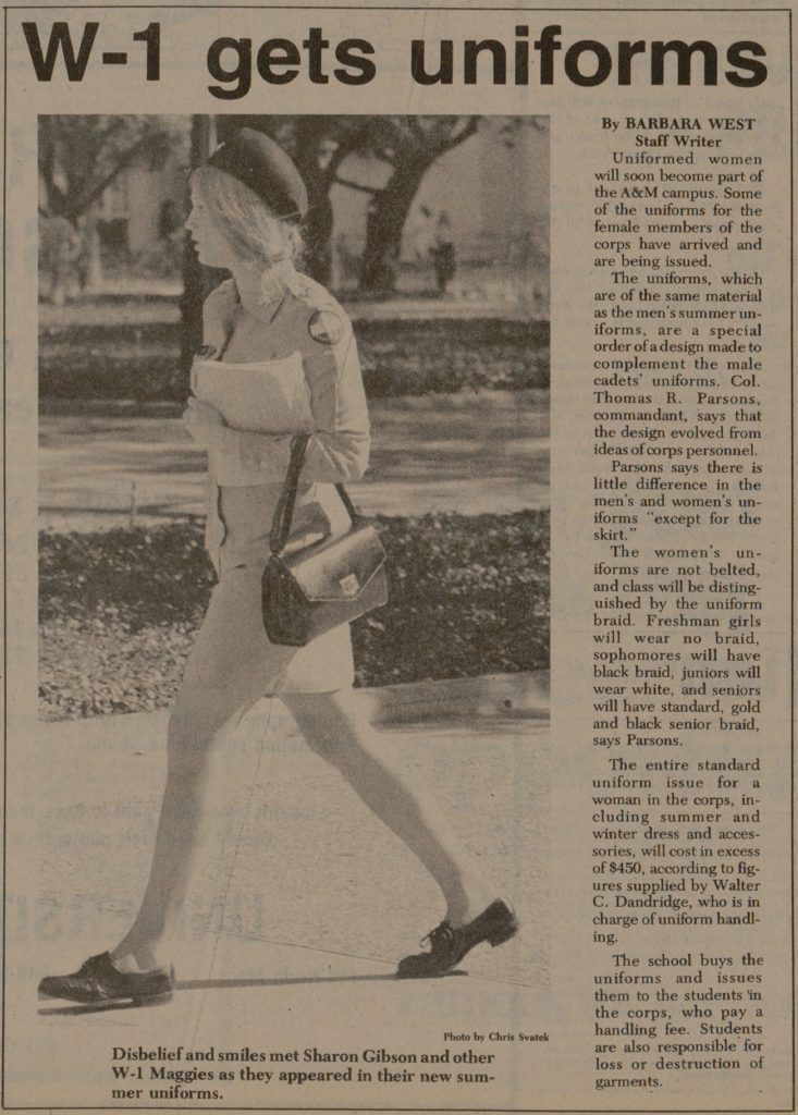 a newspaper clip with the headline "w-1 gets uniforms" above a photo of a female cadet wearing khaki shirt and skirt with a black beret