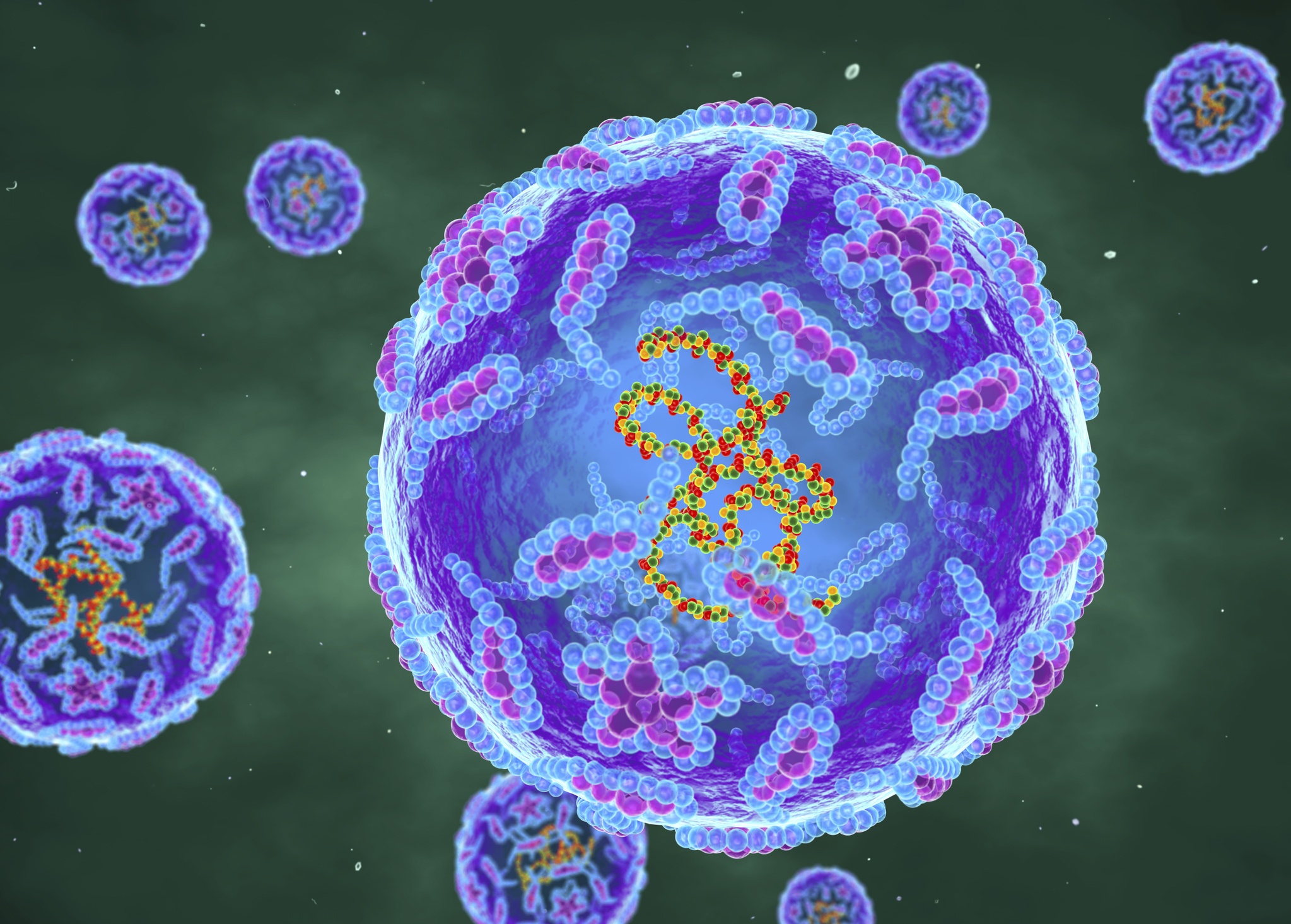 a digital illustration of polio virus particles floating against a green background.