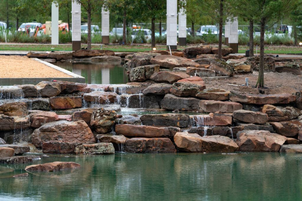 Waterfall at the pond in Aggie Park