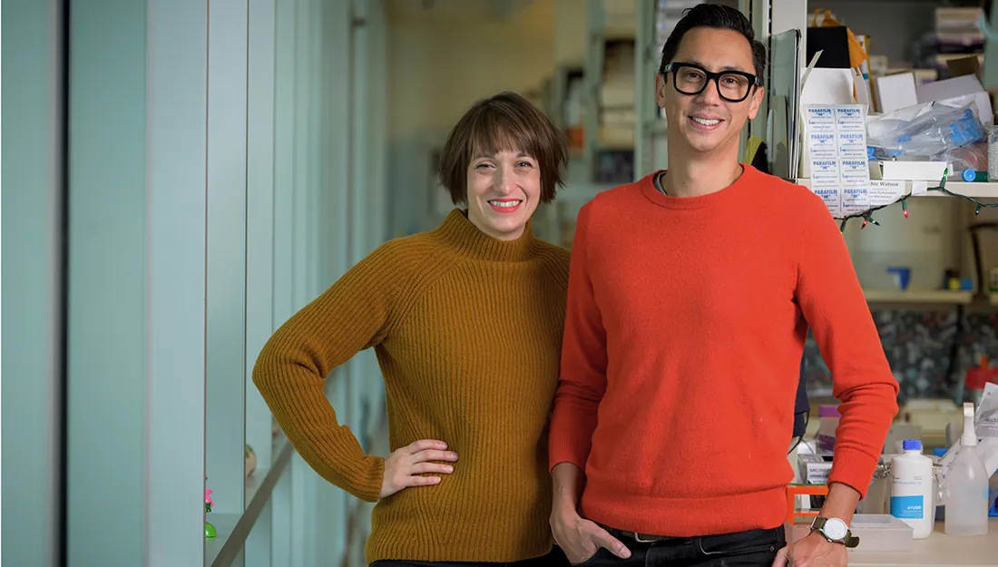 portrait of kristen patrick and robertson watson standing side by side in a lab