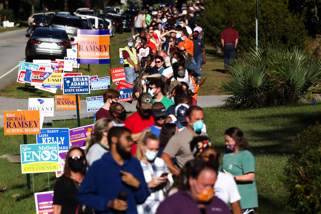 a long line of voters outside of a polling place