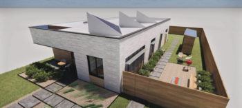 a computer rendering of a modern house made of wood and white bricks with a small fenced in yard and lots of windows