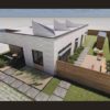 a rendering of a modern house made of wood and white bricks with a small fenced in yard and lots of windows