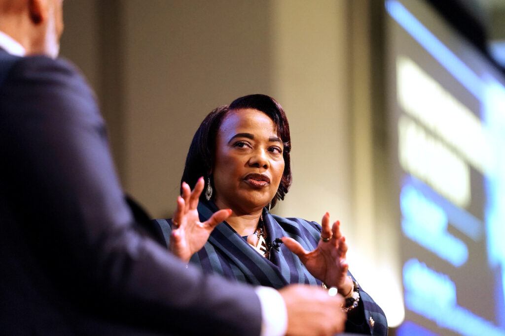 Bernice King speaking at the breakfast on stage