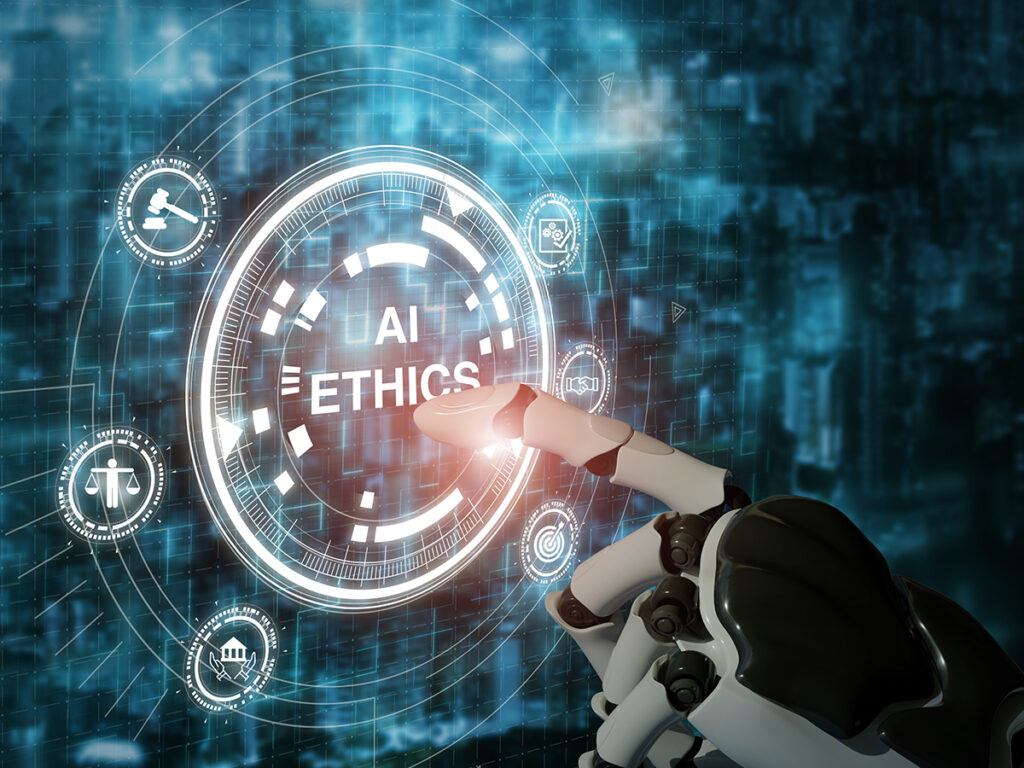 a robot hand touching a digital screen that says ai ethics