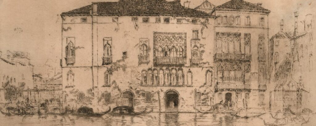 an etching from the Whistler exhibit depicting a building on a Venetian canal