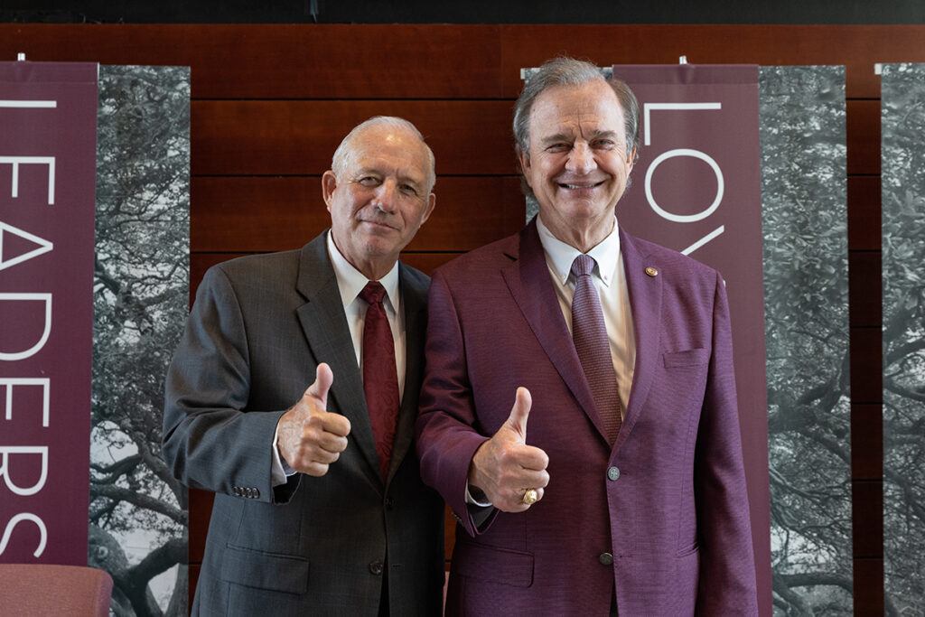 Manny Vela and John Sharp at a press conference at the Higher Education Center in McAllen