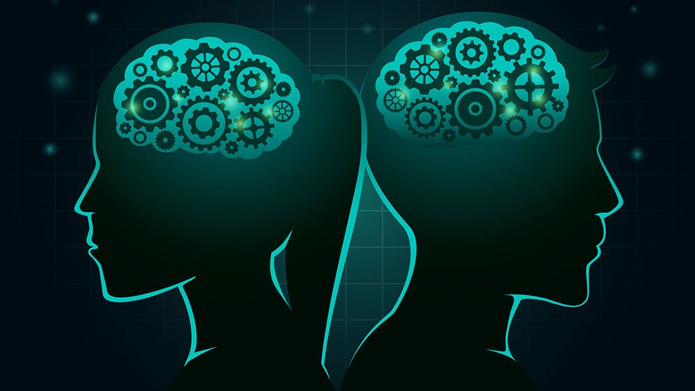Illustrated silhouette of a man and woman with gears inside their brains facing opposite directions