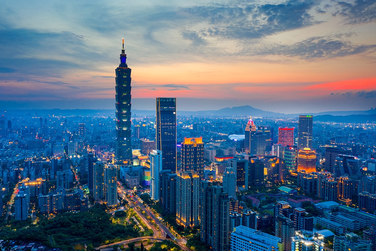 An aerial view of downtown Taiwan at sunset