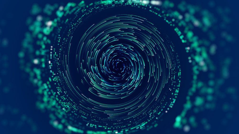 a graphic showing a bunch of little green lights forming a whirlpool-like swirl on a blue background