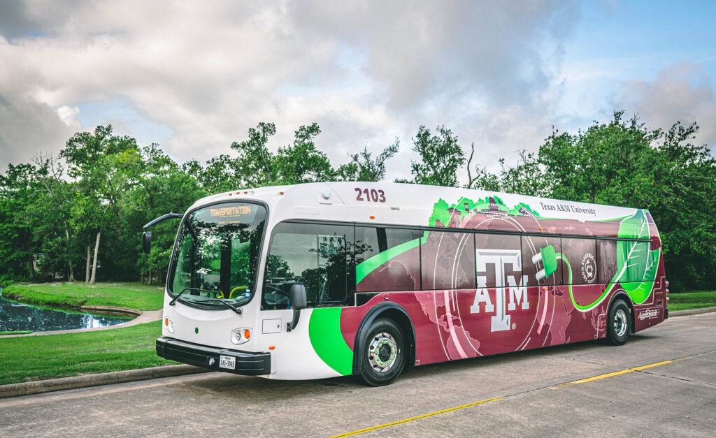 a photo of an electric bus on campus