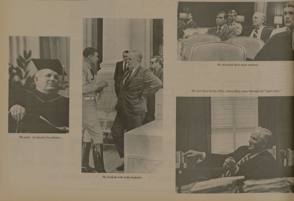 a newspaper photo collage showing james earl rudder interacting with students and sitting at his desk