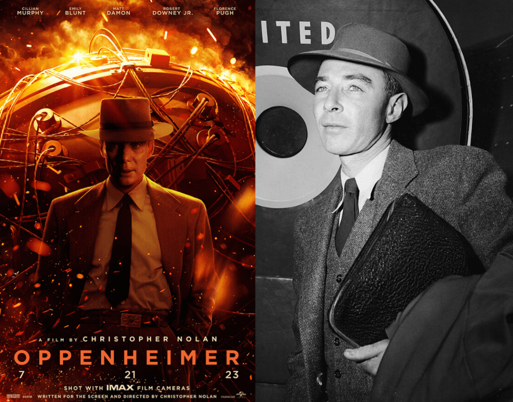 side by side images: on the left, the poster for Oppenheimer with Cillian Murphy looking straight into the camera. On the right, an archival photo of the real Robert Oppenheimer.
