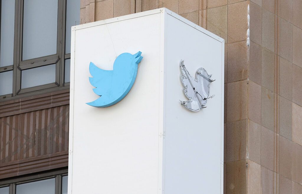 SAN FRANCISCO, CALIFORNIA - JULY 26: The outline of the iconic blue Twitter bird logo is visible on a sign in front of X headquarters on July 26, 2023 in San Francisco, California. A day after San Francisco police officers halted the dismantling of the Twitter sign at Twitter headquarters, one of the blue birds has disappeared along with three of the letters. CEO Elon Musk officially rebranded Twitter as "X" and has changed its bird logo, the biggest change he has made since taking over the social media platform.