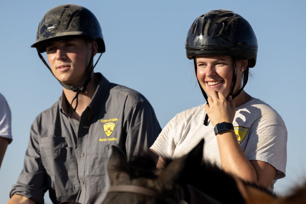 Members of the Parsons Mounted Cavalry on horseback during a training ride.