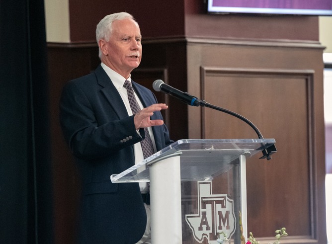 Texas A&M biologist Mark Zoran delivers remarks at the inaugural College of Arts and Sciences Annual Awards Ceremony on May 2, 2023