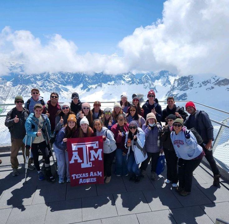 study abroad group of Aggies in the Alps with an A&M flag