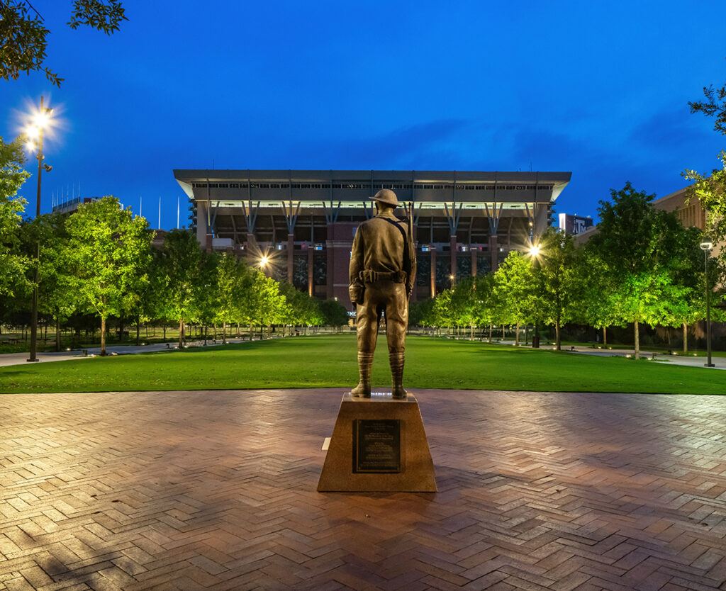 The Pinky Wilson statue overlooking Kyle Field