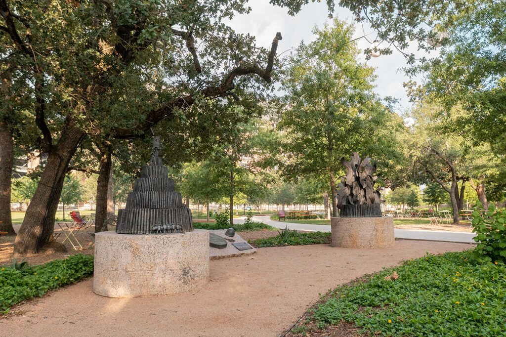 The Spirit of Bonfire statue was a gift from the Class of 1987 and depicts a bonfire stack being built, then burned, alongside the tools that were used by those who built the stacks across the years.